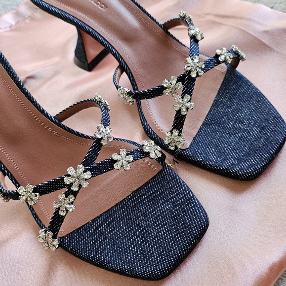 Amina Muaddi Lily Denim Slipper/Heel 70 mm, Flower crystals, Size 37.5